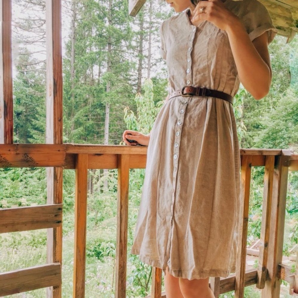 Orvis Linen Midi Button Up Dress Beige 6 Petite